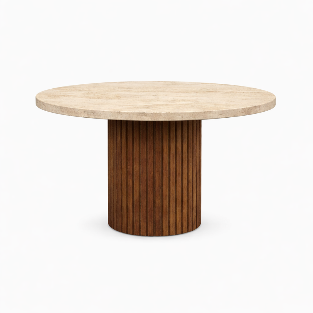 The Marx Dining Table with Marble Top and Fluted Wooden Leg
