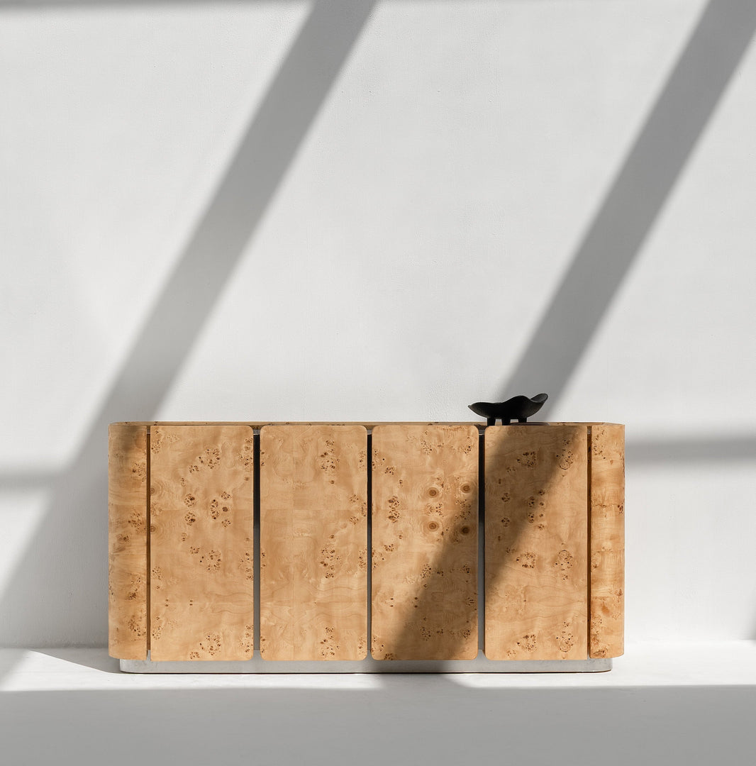 The Berta Burlwood and Brushed Stainless Steel Sideboard