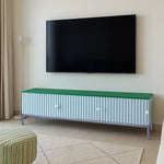 تحميل الصورة إلى عارض المعرض، The Rina white TV cabinet with storage, enhancing the decor of a bright, airy living room.