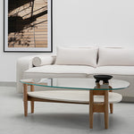 تحميل الصورة إلى عارض المعرض، The Scott Coffee Table styled in a cozy living room, showcasing its elegant round glass top and rustic wood base – ideal as a glass top center table for modern homes."