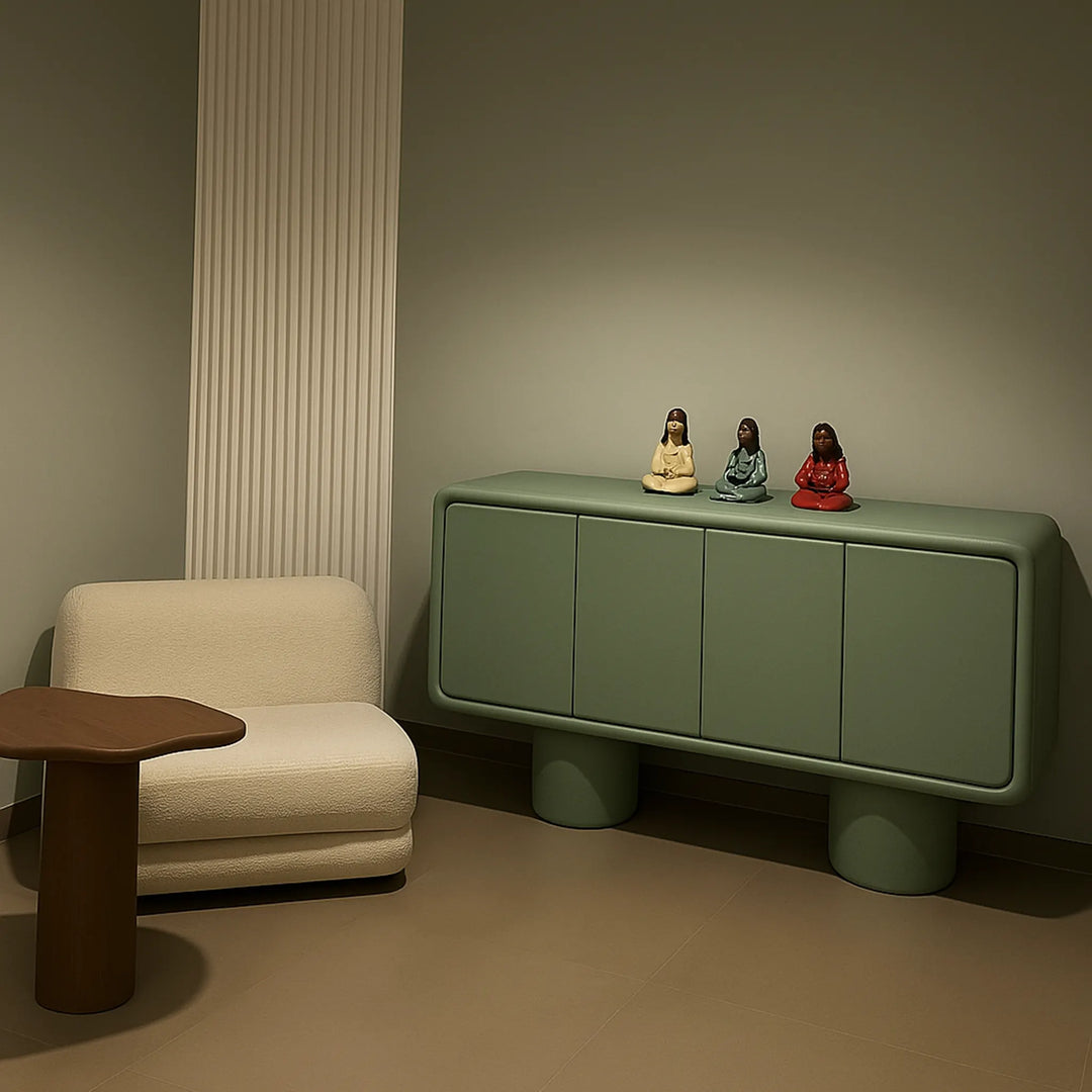 The Barb Microplaster sideboard cabinet placed in a vibrant living room, blending style and practicality.