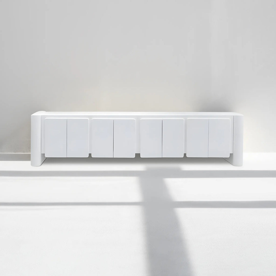 White TV unit showcased in a vibrant living room, emphasizing its contemporary appeal.