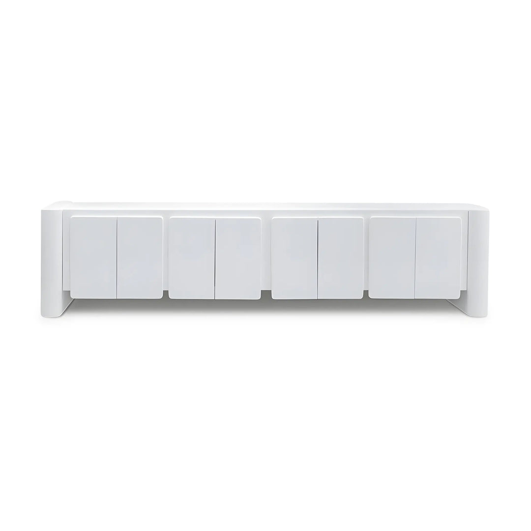 The Dustin white TV unit, a sleek and modern design for contemporary living rooms.