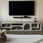 تحميل الصورة إلى عارض المعرض، The Eden TV unit with storage styled in a family room, offering ample space for toys and media.