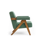 تحميل الصورة إلى عارض المعرض، Modern Pierre Accent Chair in a stylish green fabric, with a wooden frame, ideal for complementing contemporary living room furniture designs.