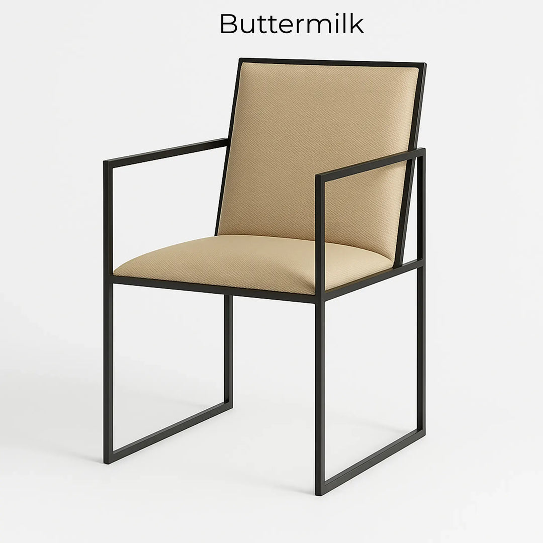 Stylish and sturdy iron leg dining chair enhancing the aesthetics of a minimalist dining room.
