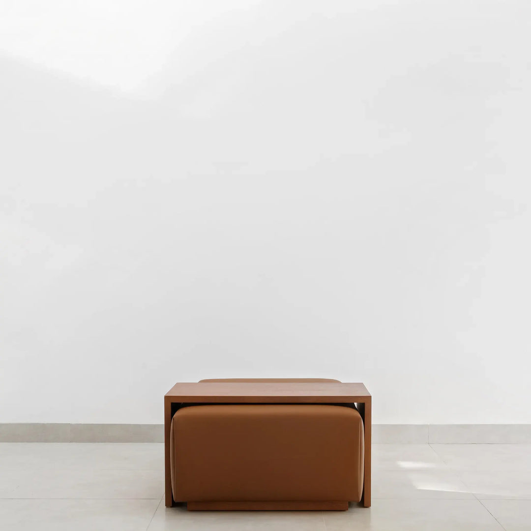 Sebastian Coffee Table and Italian ottoman with Sienna fabric in minimalist setting.