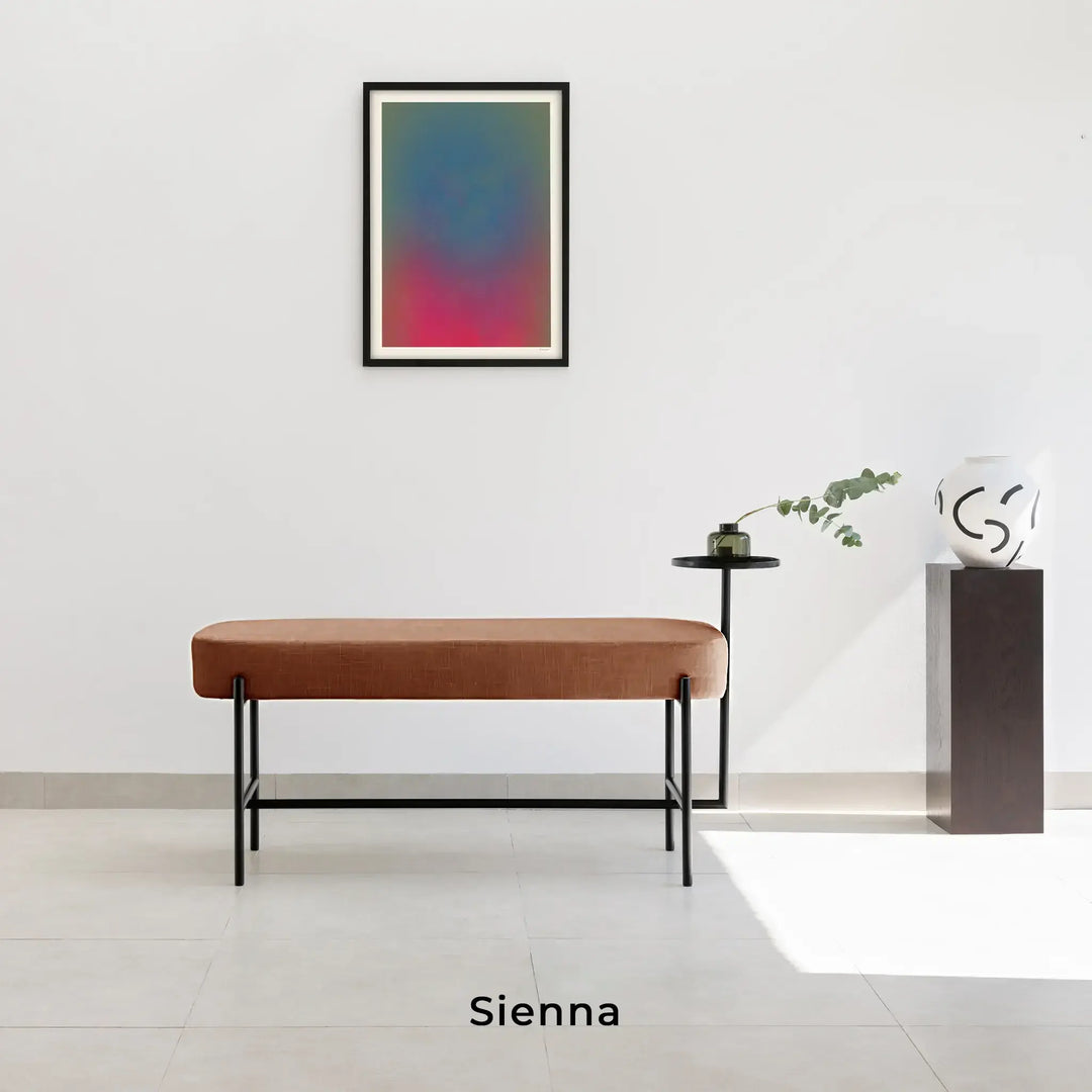 The Danielle Bench in sienna brown fabric.